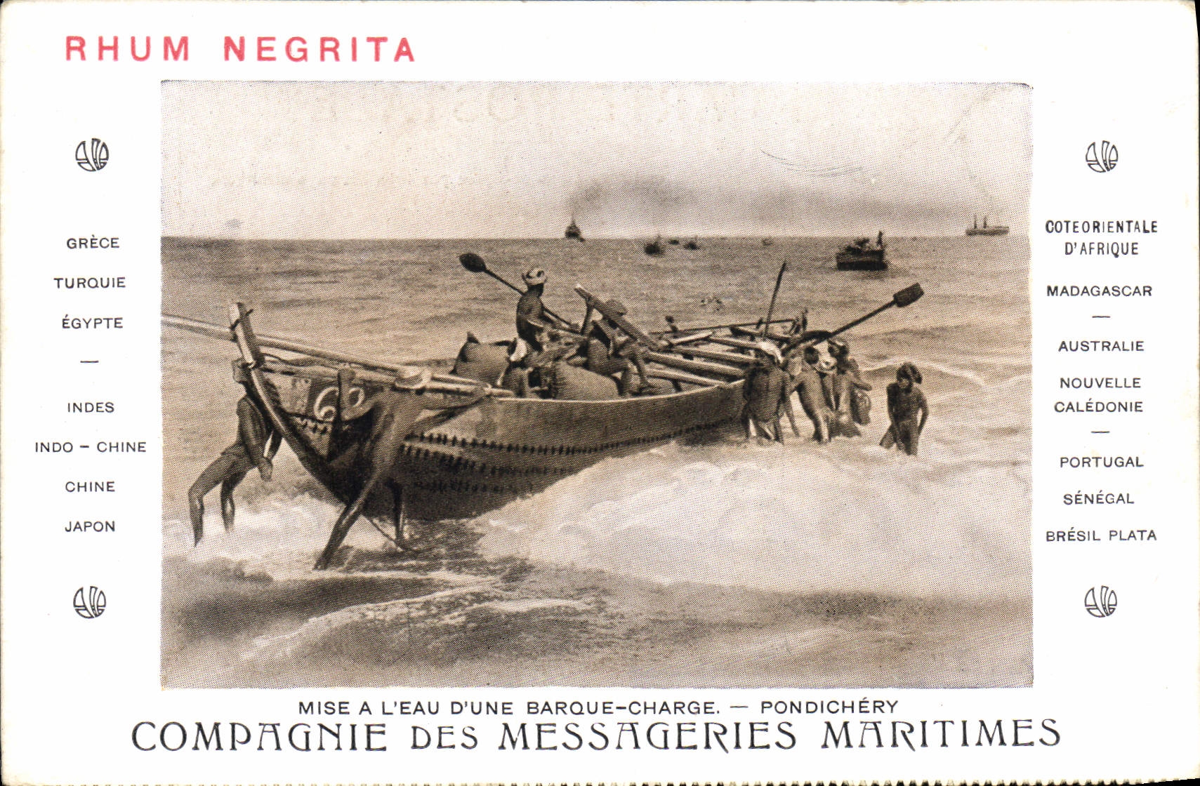 Mise à l'eau d'une barque-charge — Pondichéry — Compagnie des Messageries Maritimes