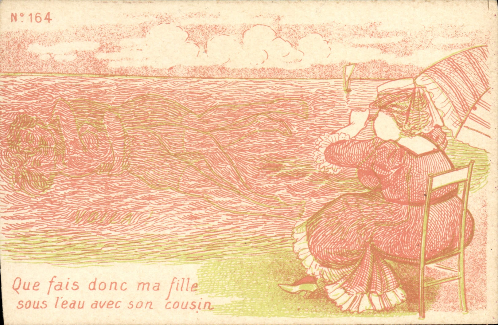Femme assise à l'ombre d'un parasol près d'un lac — scène humoristique — éditeur Paris, n°164