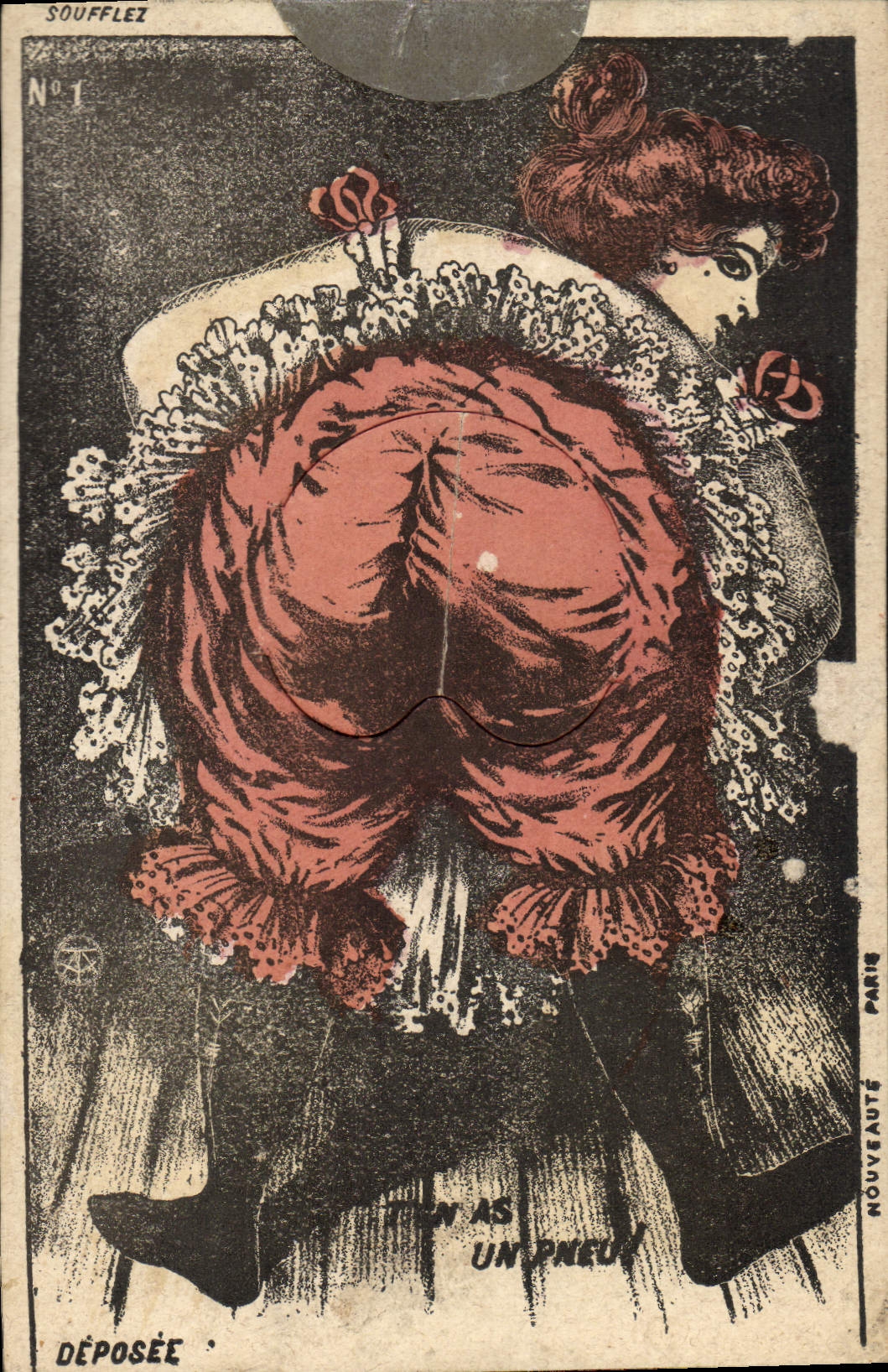 Mujer en vestido rojo — detalles del vestido y el sombrero — G-T París, N°1 - Anverso