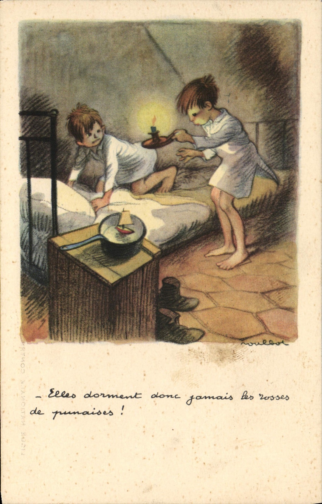 Twee kinderen in een kamer — nachtscène met kaars — tekening van Noubelot — Ligue Nationale Contre le Taudis