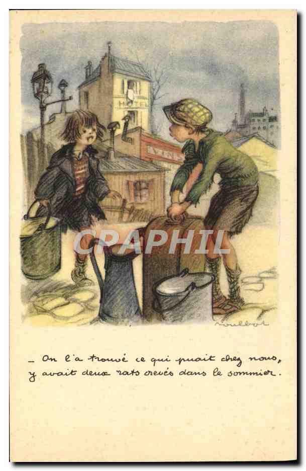 Enfants jouant avec un seau — scène de rue — dessin de M. Muller — Ligue Nationale Contre le Taudis
