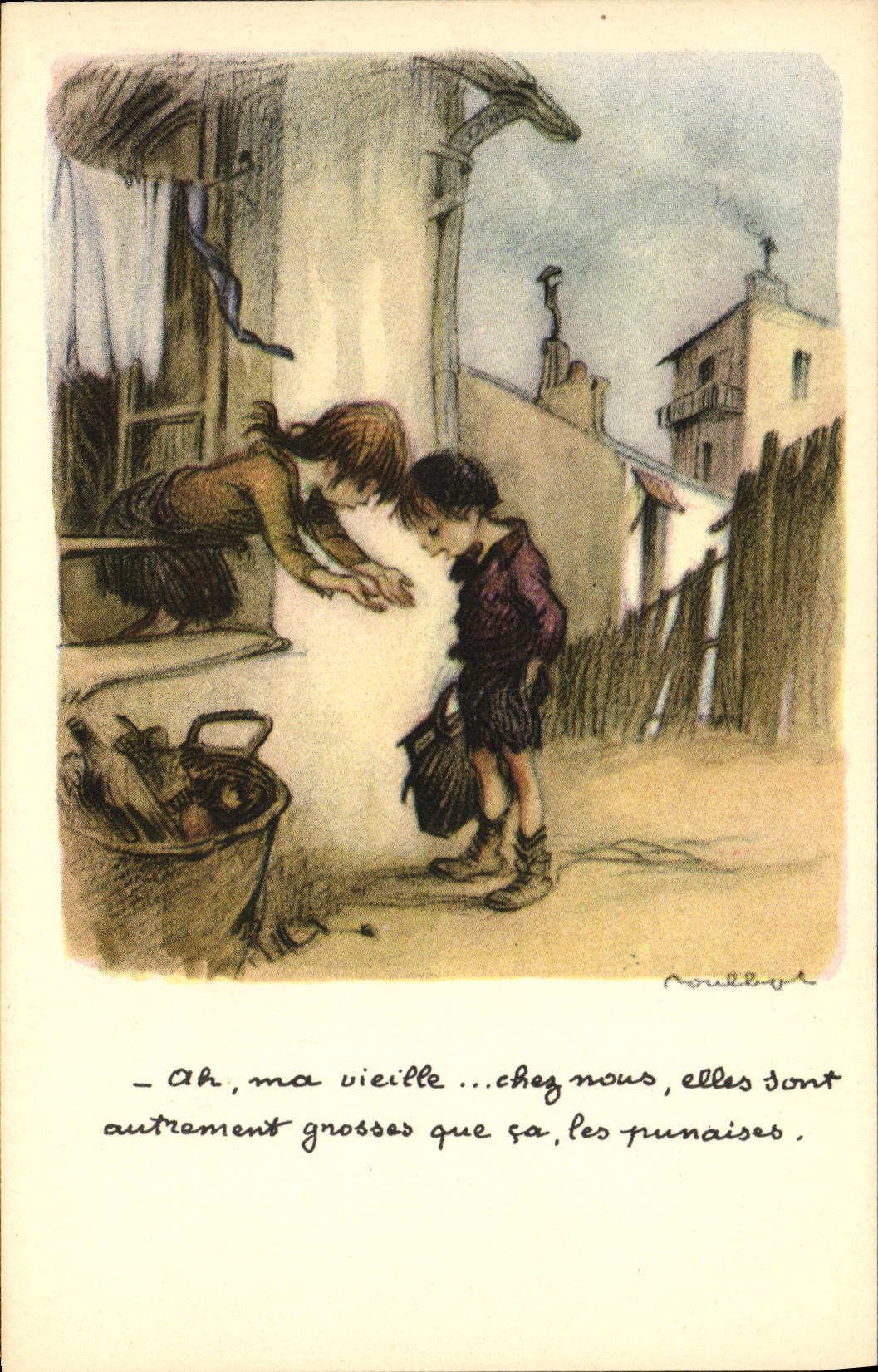 Femme et enfant dans une rue — scène de vie — dessin de Roulbey — Ligue Nationale Contre le Taudis
