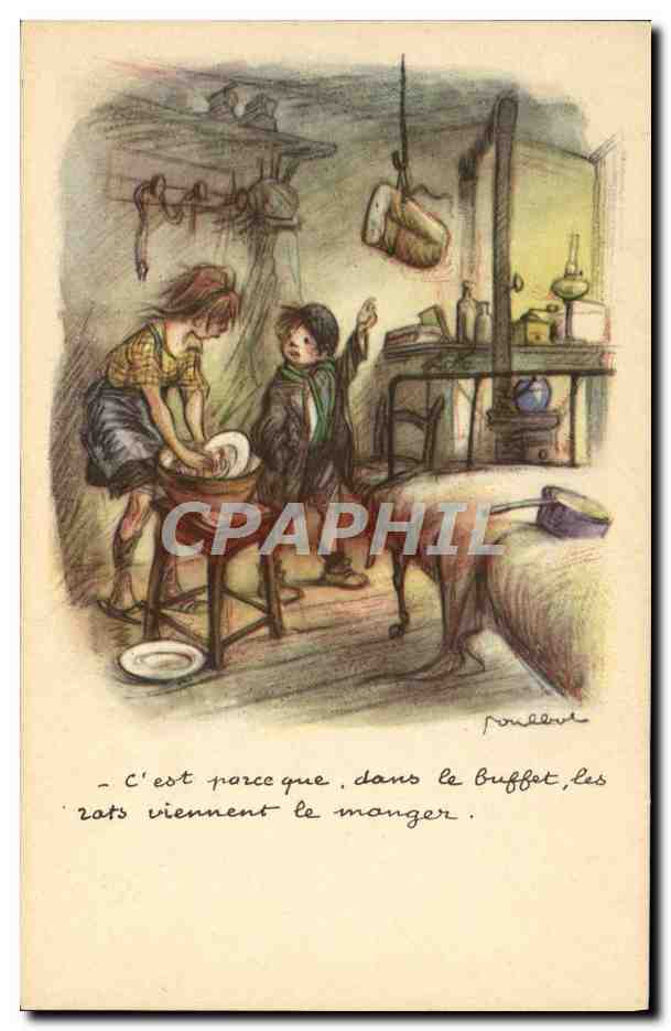 Scène de cuisine — femme et enfant — dessin de P. Poullet