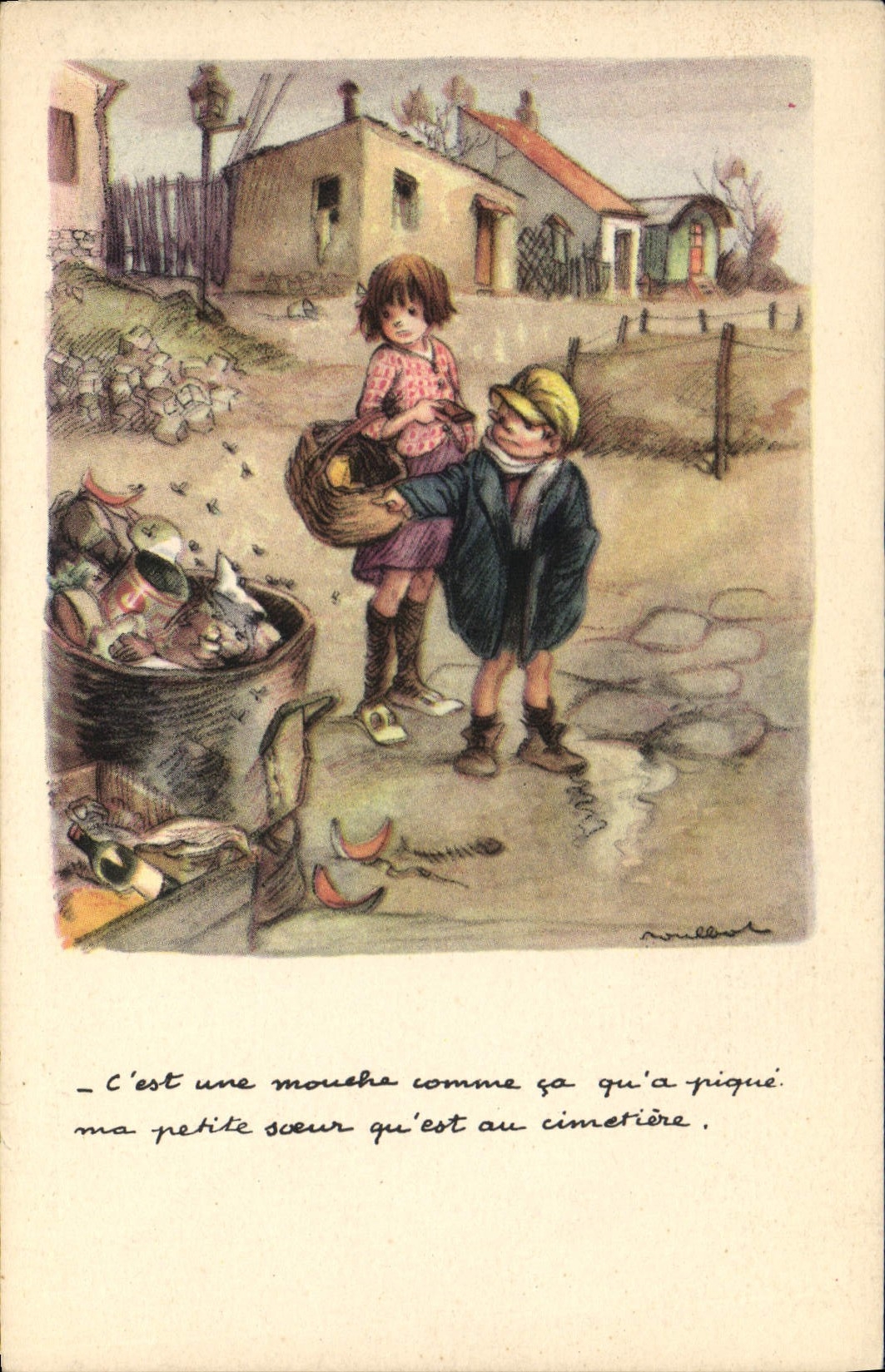 Enfants près d'un tas de déchets — illustration de Roullot — Ligue Nationale Contre le Taudis