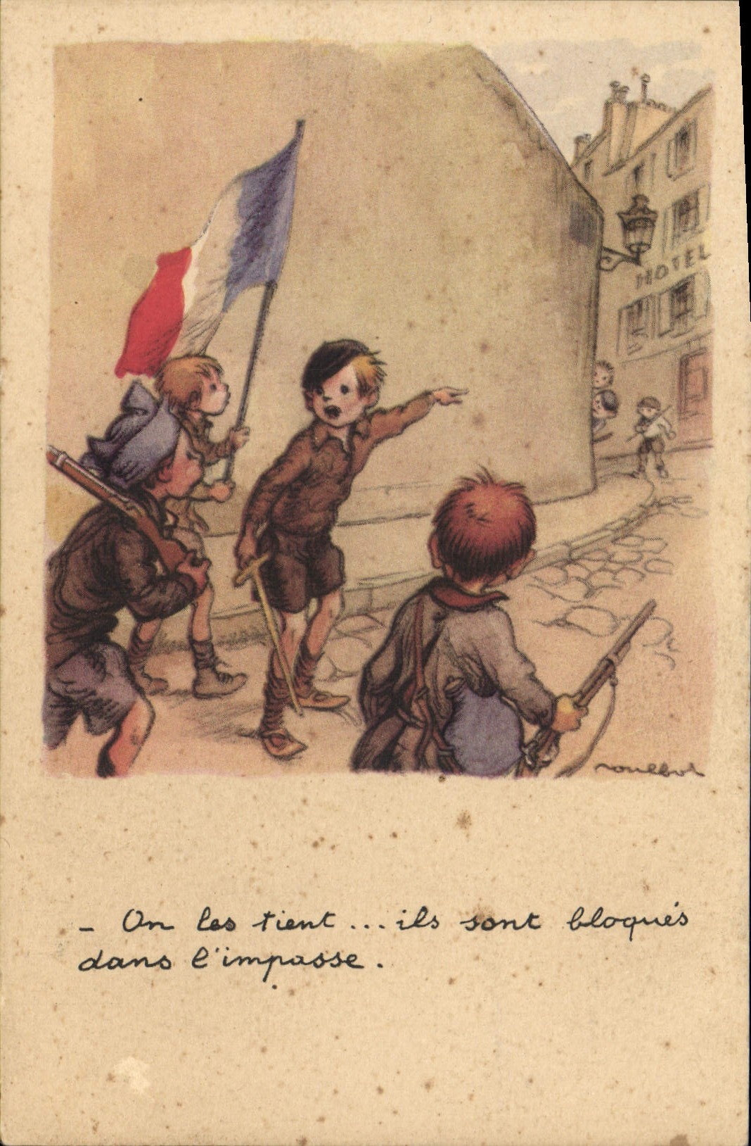 Enfants avec drapeau français — scène de rue — éditeur : Roussel