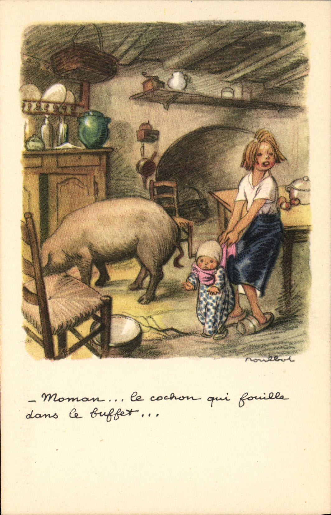 Fouille dans le buffet — scène de cuisine avec cochon — Roullot