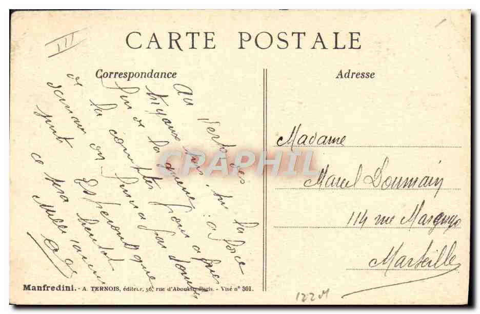 Scène de rue avec concierge — caricature de Manfredini — éditeur A. Ternois, n° 301 — Reverso