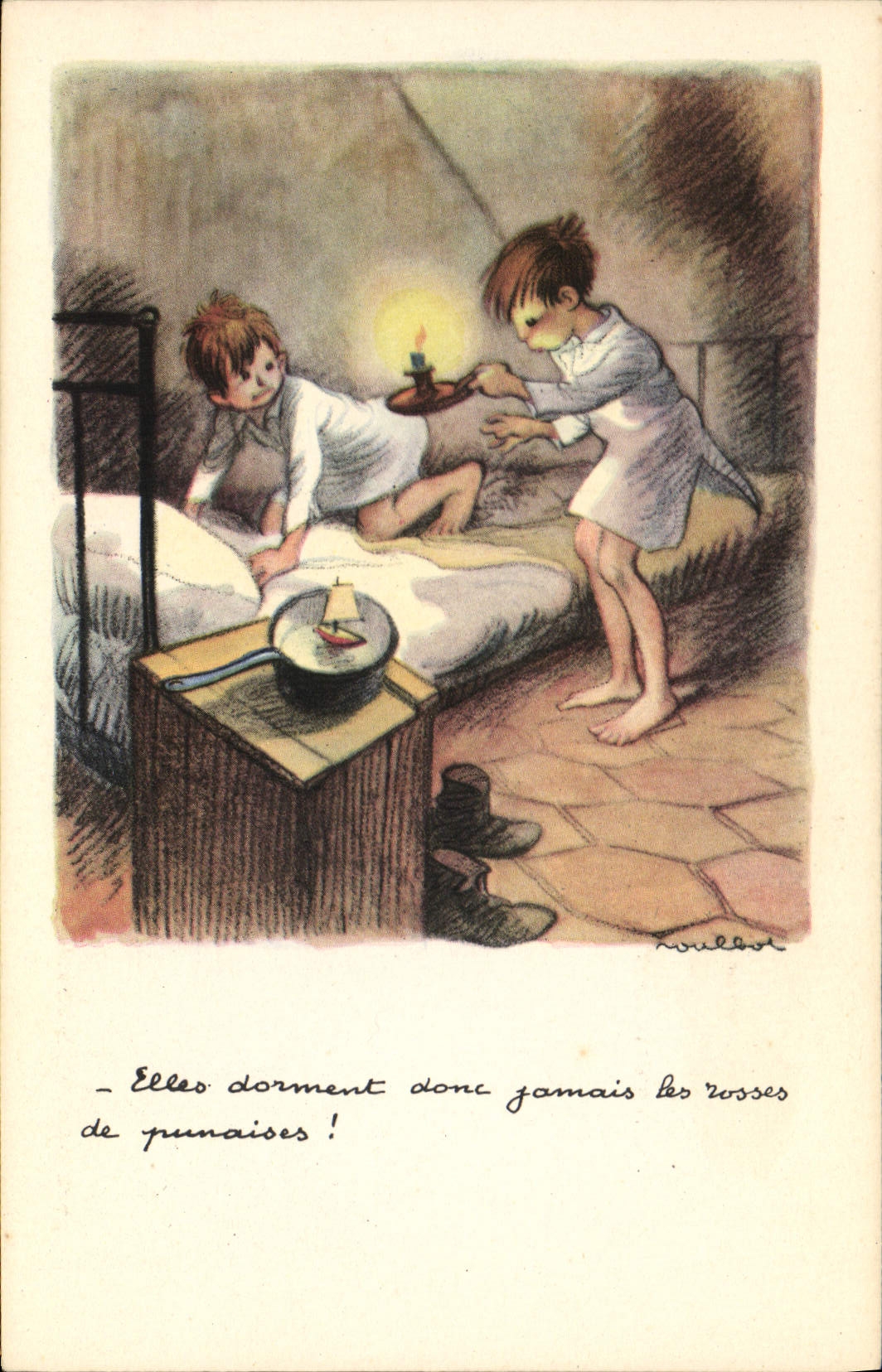 Enfants dans une chambre — scène humoristique — Ligue Nationale Contre le Taudis, Paris