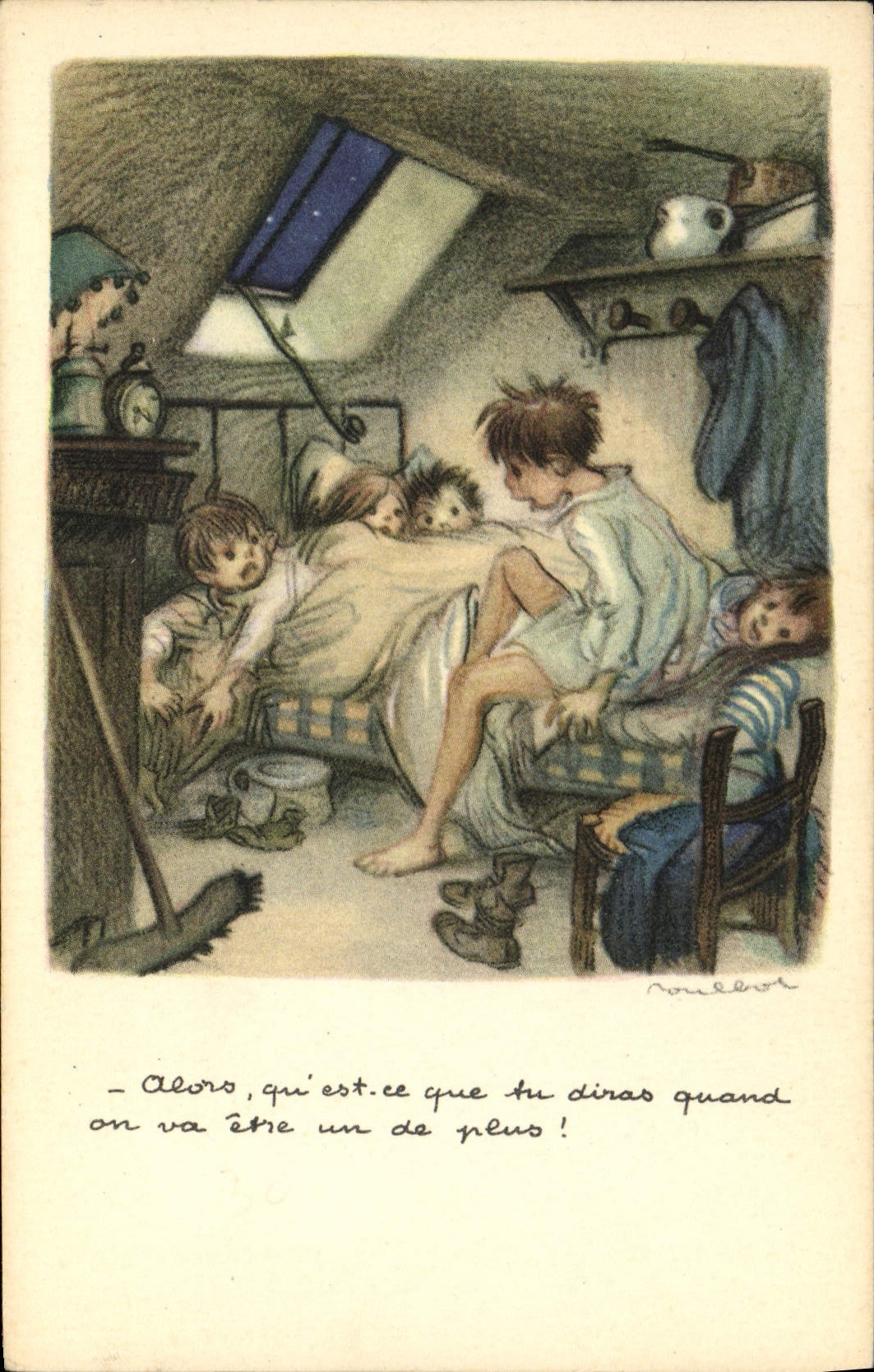 Enfants dans une chambre — scène de nuit — Ligue Nationale Contre le Taudis