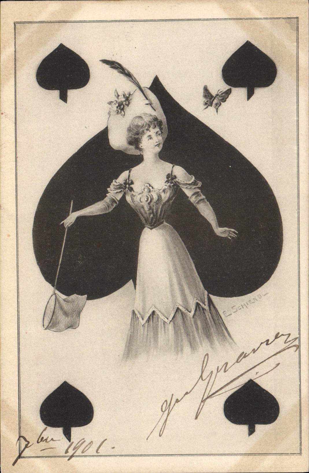 Femme dans un décor de pique — E. Schend — n° 1901