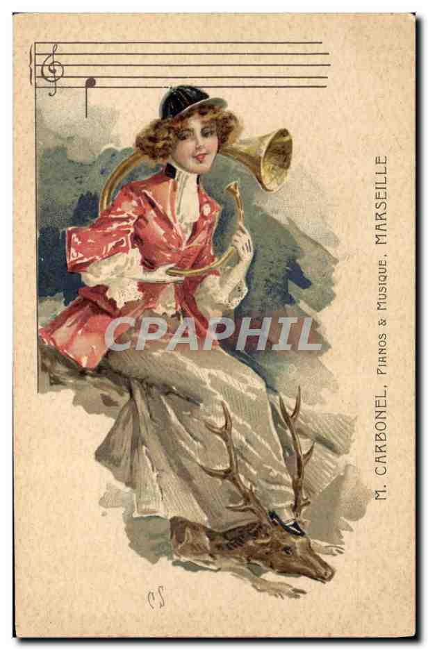 CPA Fantaisie Illustrateur Femme Cor de chasse Cerf Carbonel pianos et musique Marseille 