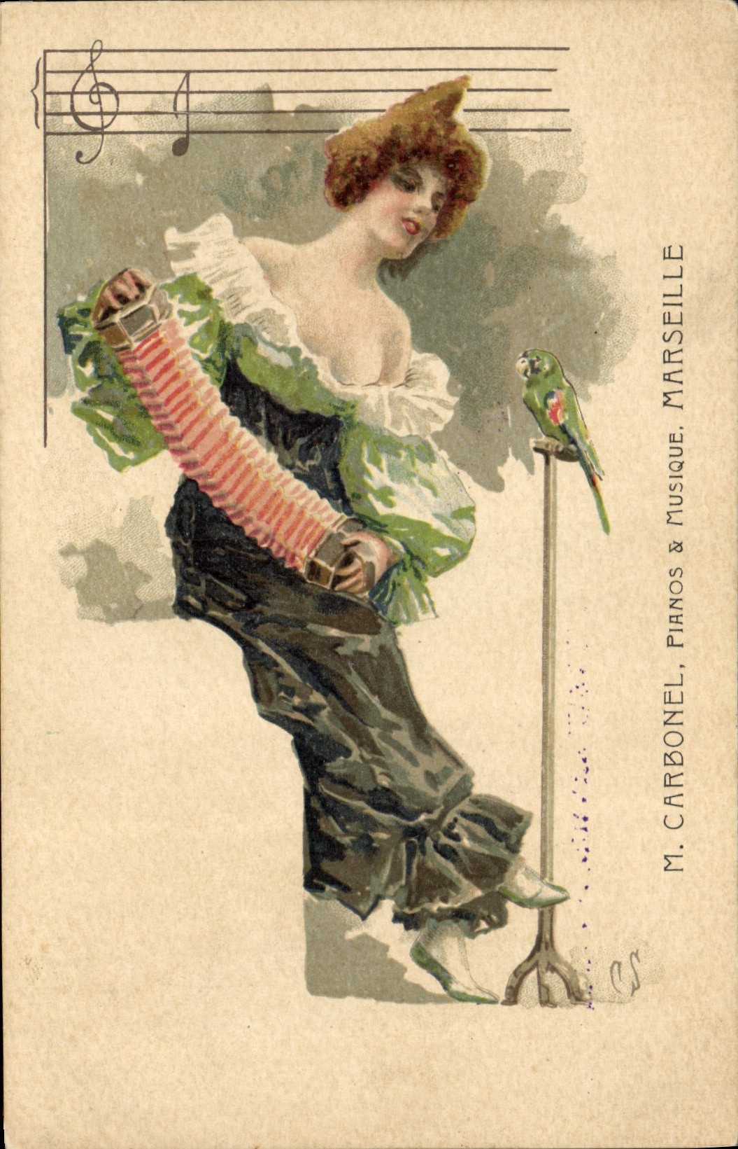 CPA Fantaisie Illustrateur Femme Accordeon Perroquet Carbonel pianos et musique Marseille 