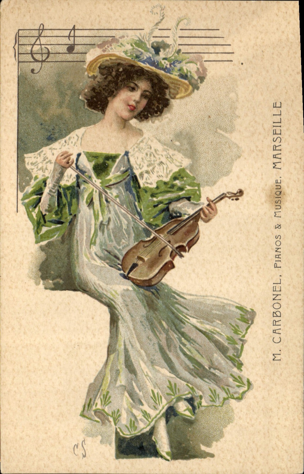 CPA Fantaisie Illustrateur Femme Violon Carbonel pianos et musique Marseille 