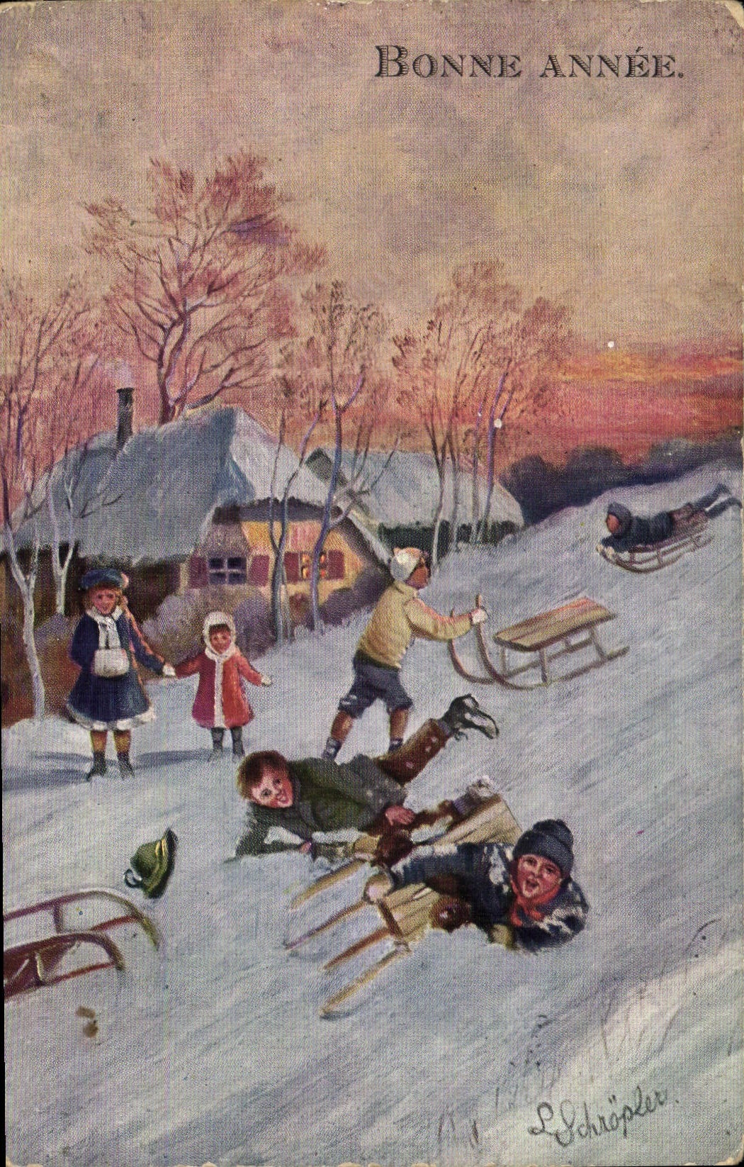 Enfants jouant à la descente de neige — L. Schröpeler — n° 576