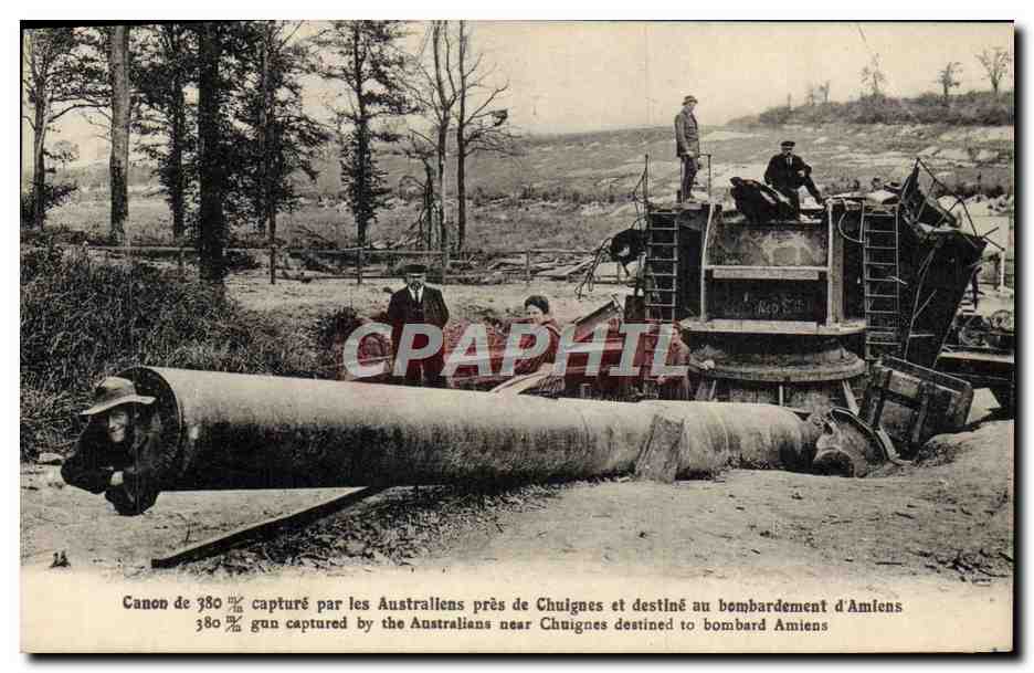 Canon de 380 mm capturé par les Australiens près de Chuignes — destiné au bombardement d'Amiens — Caron, phot. Amiens