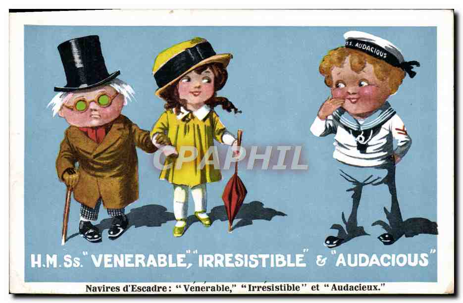 CPA Fantaisie Illustrateur Enfants Navires d'escadre Venerable Irresistible et Audacieux 