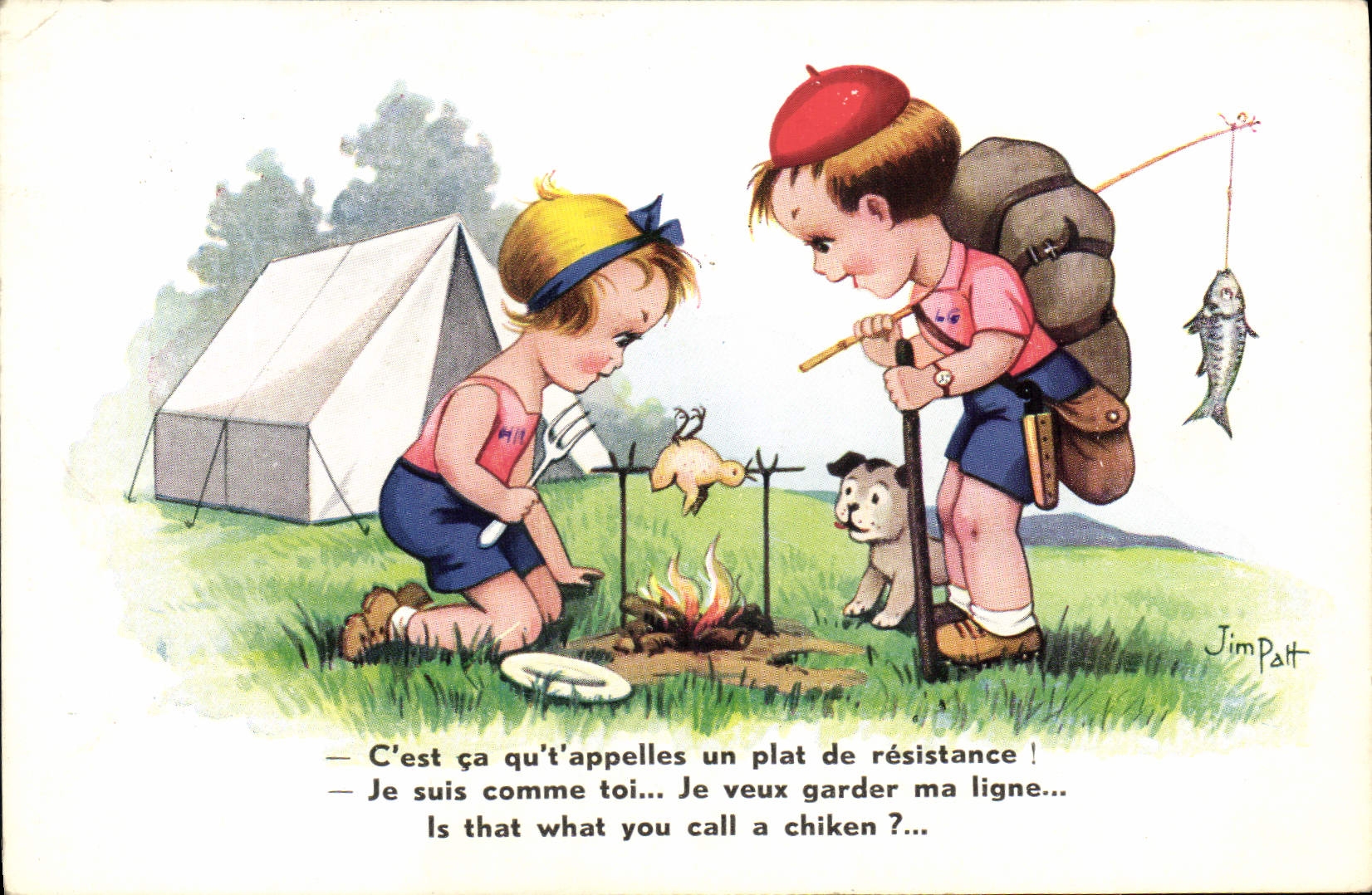 CPA Fantaisie Illustrateur Enfants Tente Chien Jim Patt Camping 