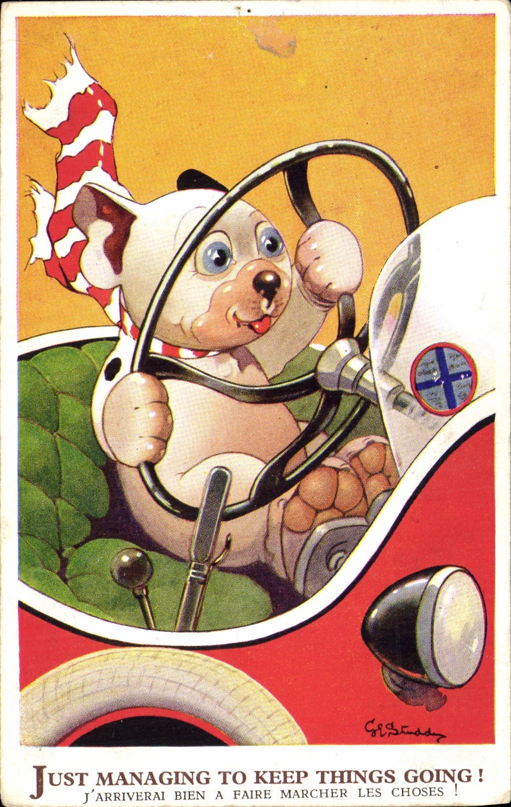 CPA Fantaisie Illustrateur Chien Automobile 
