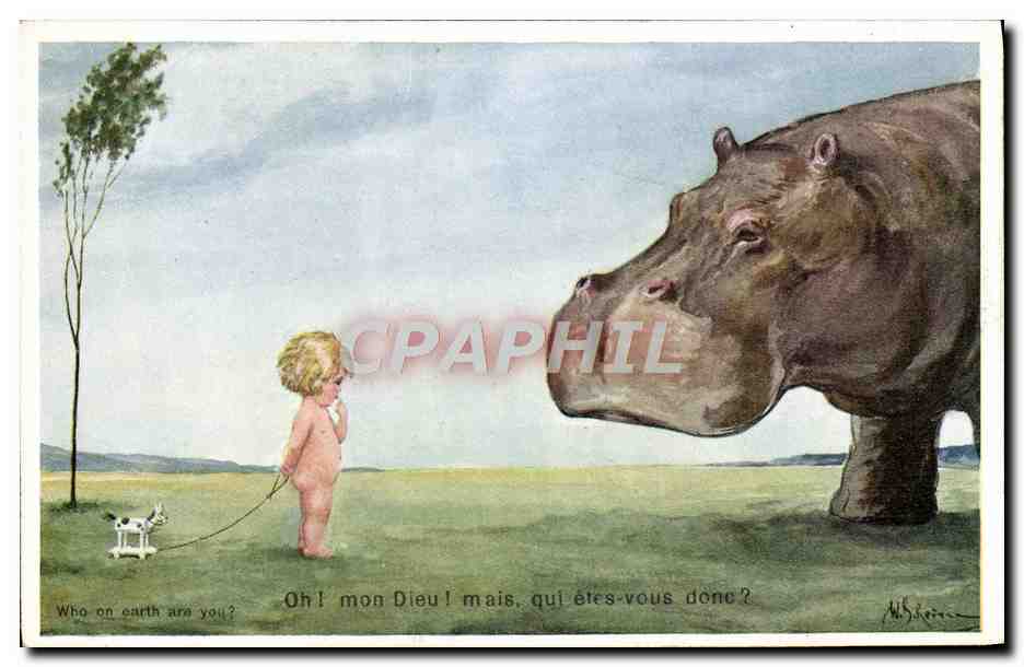 CPA Fantaisie Illustrateur Enfant Hippopotame