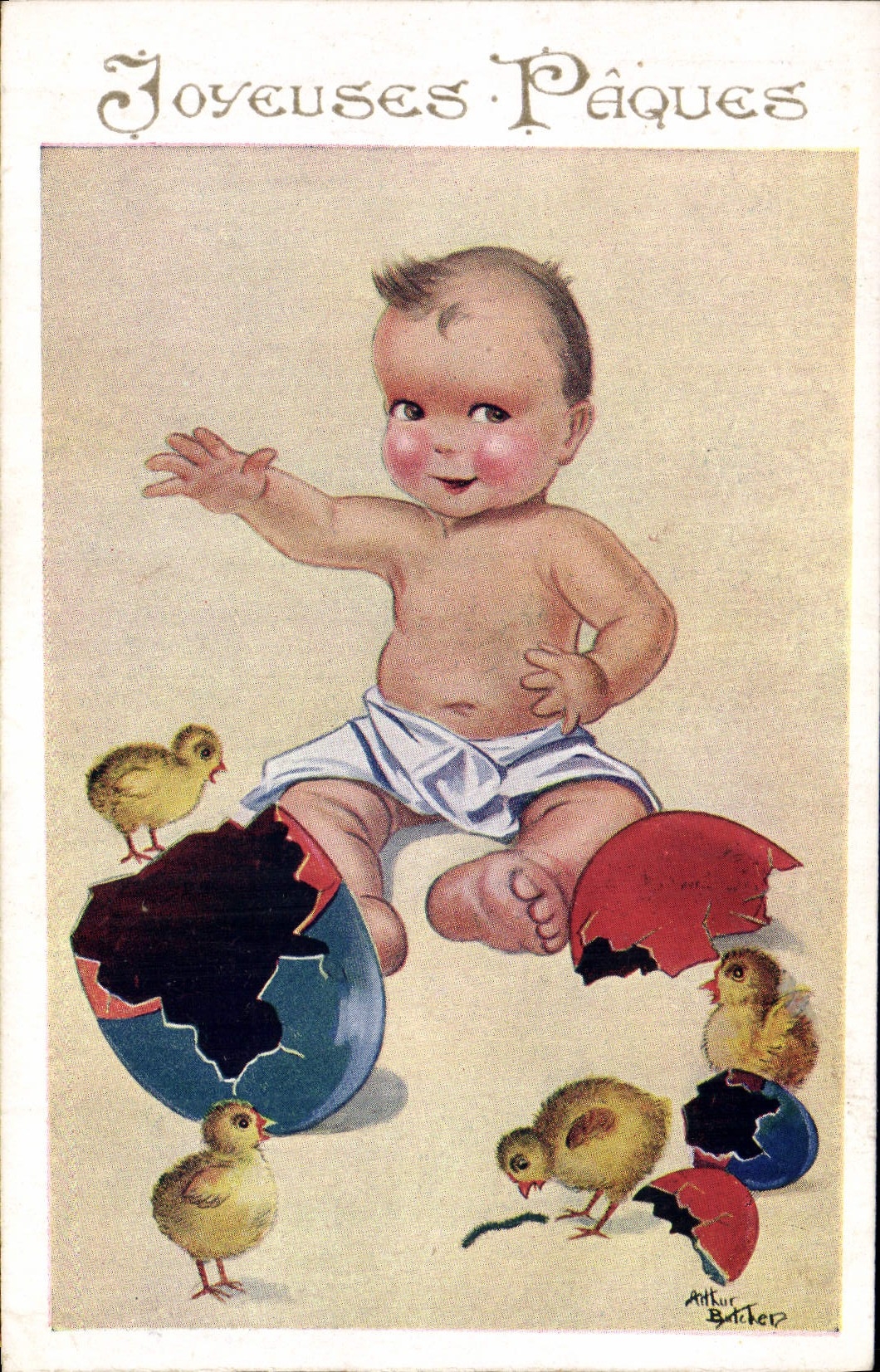 CPA Fantaisie Illustrateur Enfant Bebe Paques Poussins 
