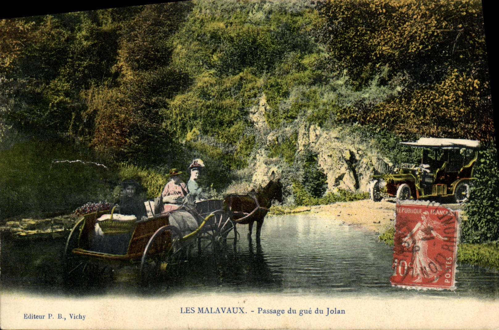 CPA Folklore Les Malavaux Passage du gue du Jolan Automobile