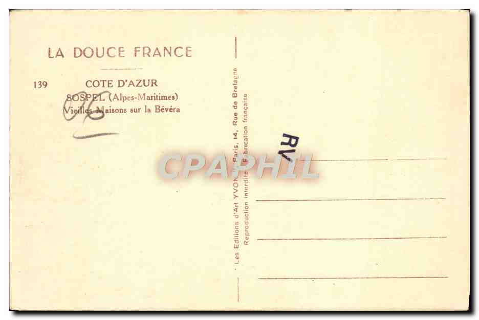 CPA Sospel Vieilles Maisons sur la Bevera — Rückseite
