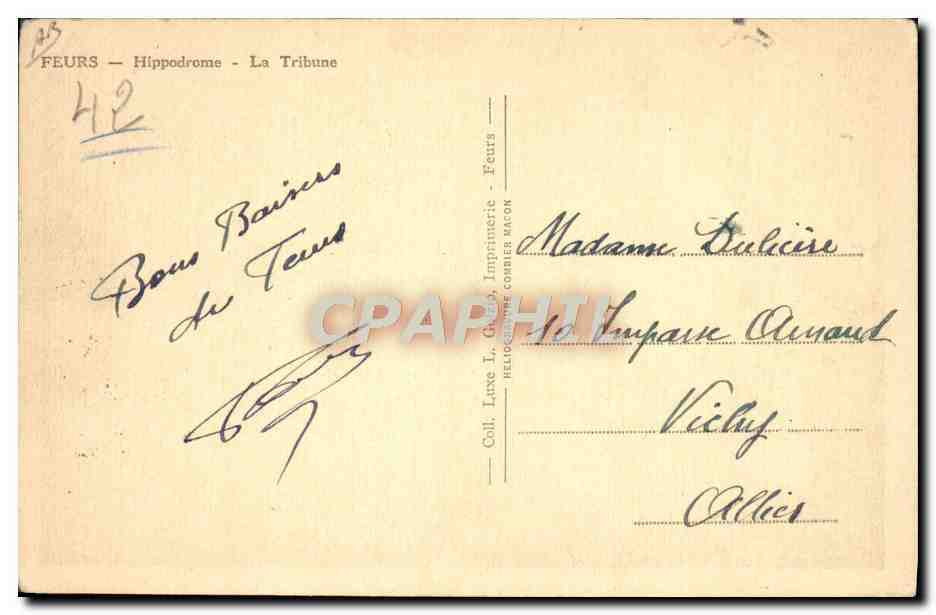 CPA Cheval Equitation Hippisme Feurs Hippodrome La tribune — Verso