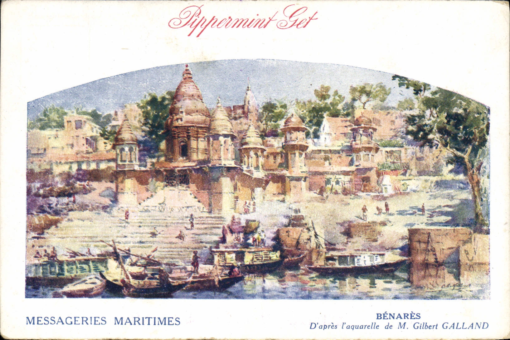 Benares — Vista de los ghats y templos sobre el Gange — Messageries Maritimes, según el acuarela de M. Gilbert Galland