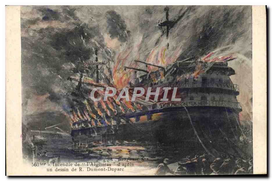 Incendie de l'Algésiras — dessin de R. Dumont-Duparc — édition A. Bougault, n° 560 ter