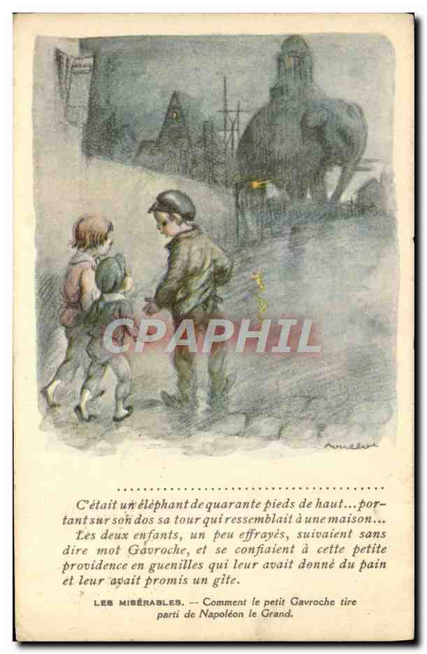 CPA Illustrateur Poulbot Elephant Les Miserables Victor Hugo Gavroche 