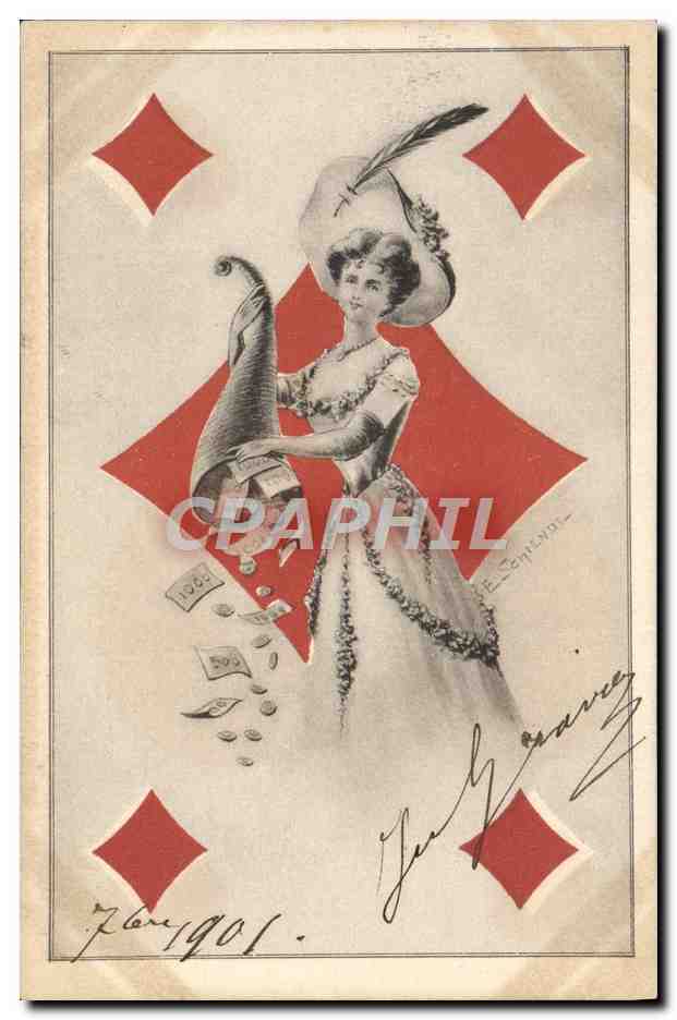 CPA Fantaisie Illustrateur Femme Carte a jouer Carreau