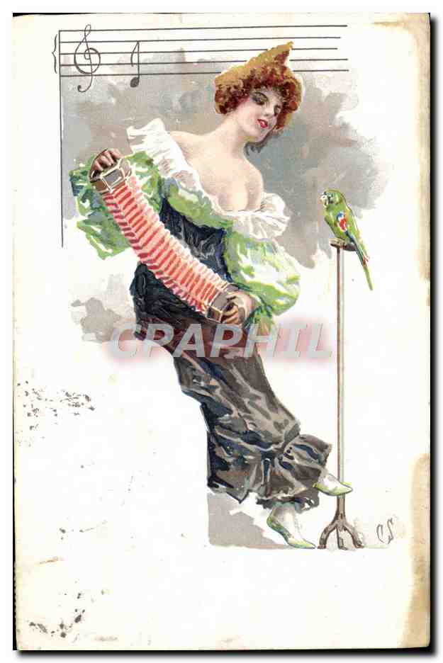 CPA Fantaisie Illustrateur Femme Accordeon Perroquet 