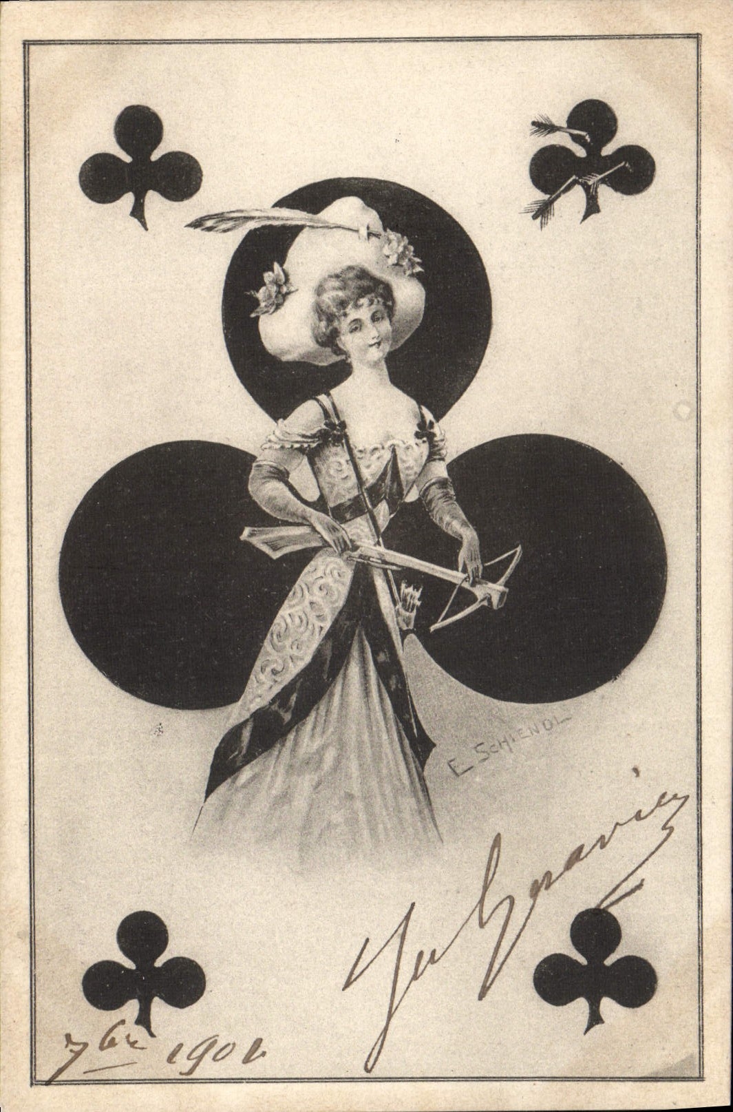 CPA Fantaisie Illustrateur Femme Carte Trefle