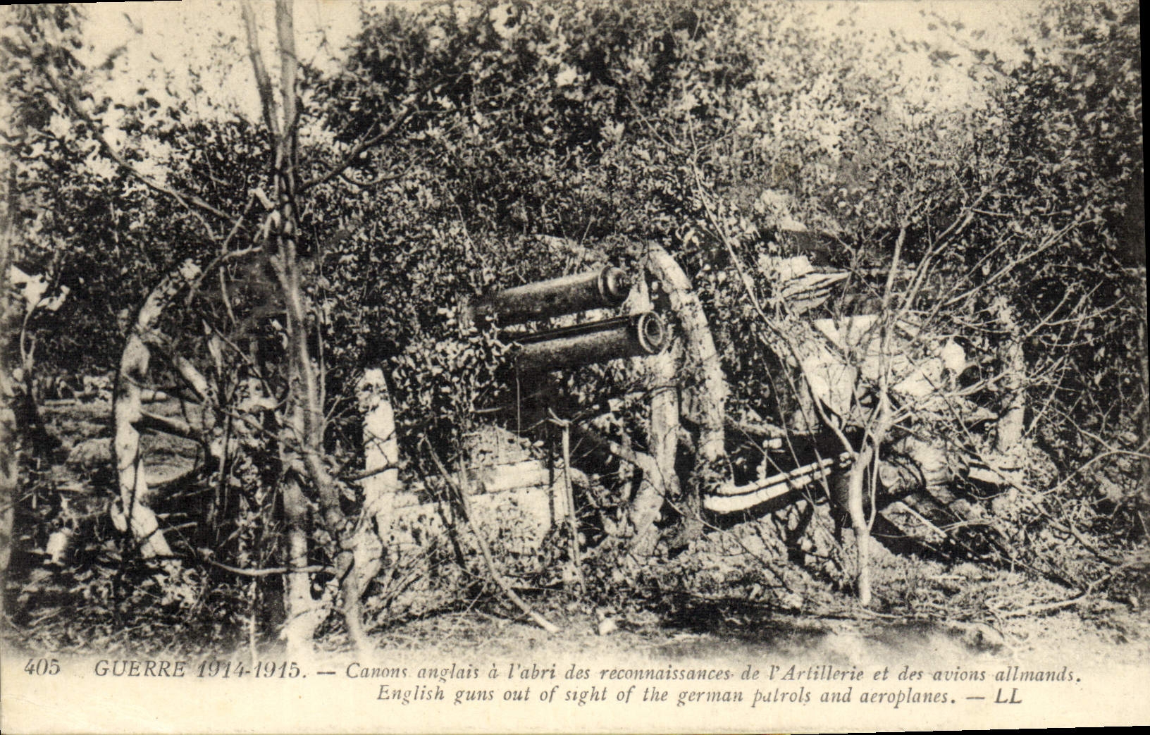 Cannoni inglesi al riparo dalle riconoscenze dell'Artiglieria e dagli aerei tedeschi — Guerra 1914-1915 — LL