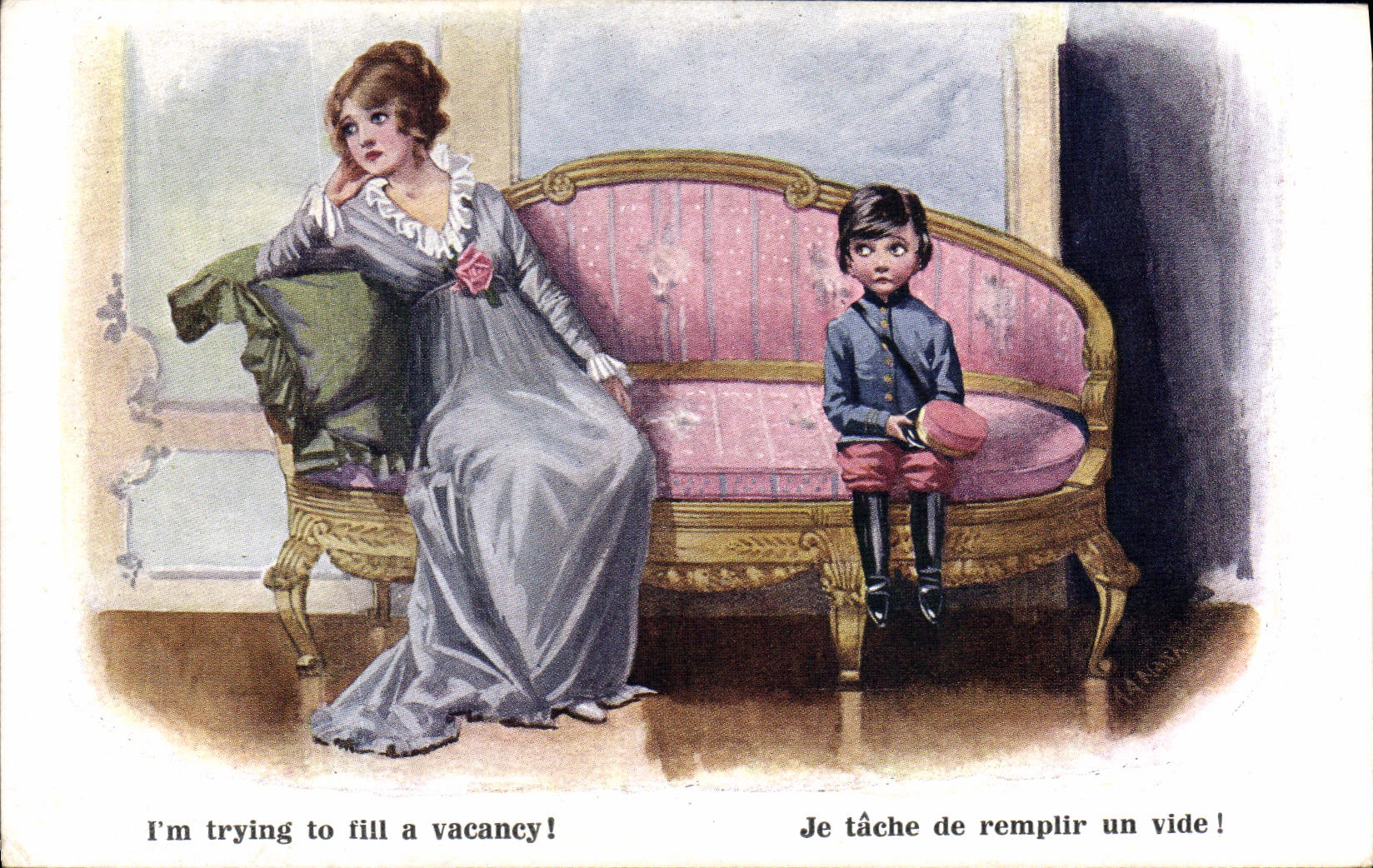 Femme et enfant sur canapé — 'I'm trying to fill a vacancy!' / 'Je tâche de remplir un vide!' — Inter-Art Co., Red Lion Square, London, W.C., série 'TWO-NINE-THREE', n°301