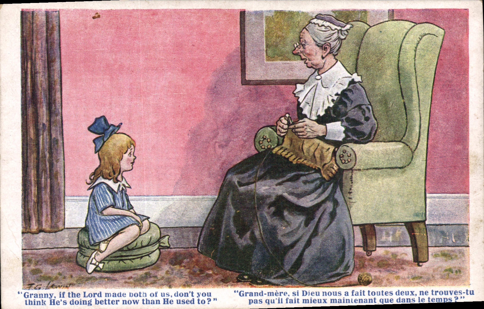 Grand-mère et petite-fille — scène religieuse — Inter-Art Co., Florence House, Barnes, London, S.W. — Série COMIQUE, n° 240-1