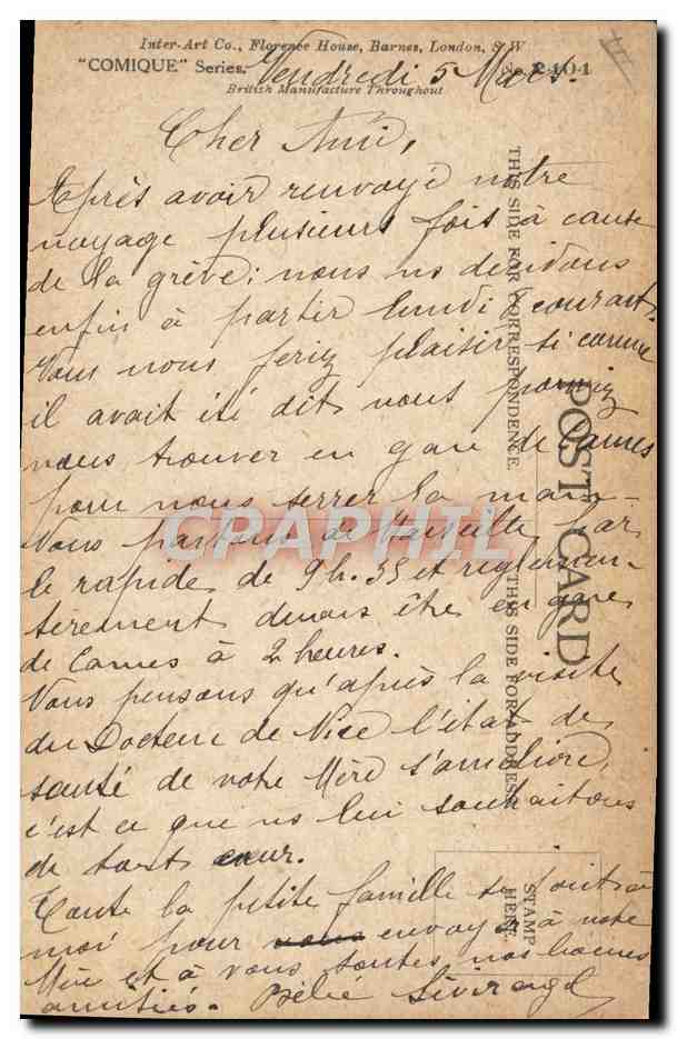 Grand-mère et petite-fille — scène religieuse — Inter-Art Co., Florence House, Barnes, London, S.W. — Série COMIQUE, n° 240-1 — Verso