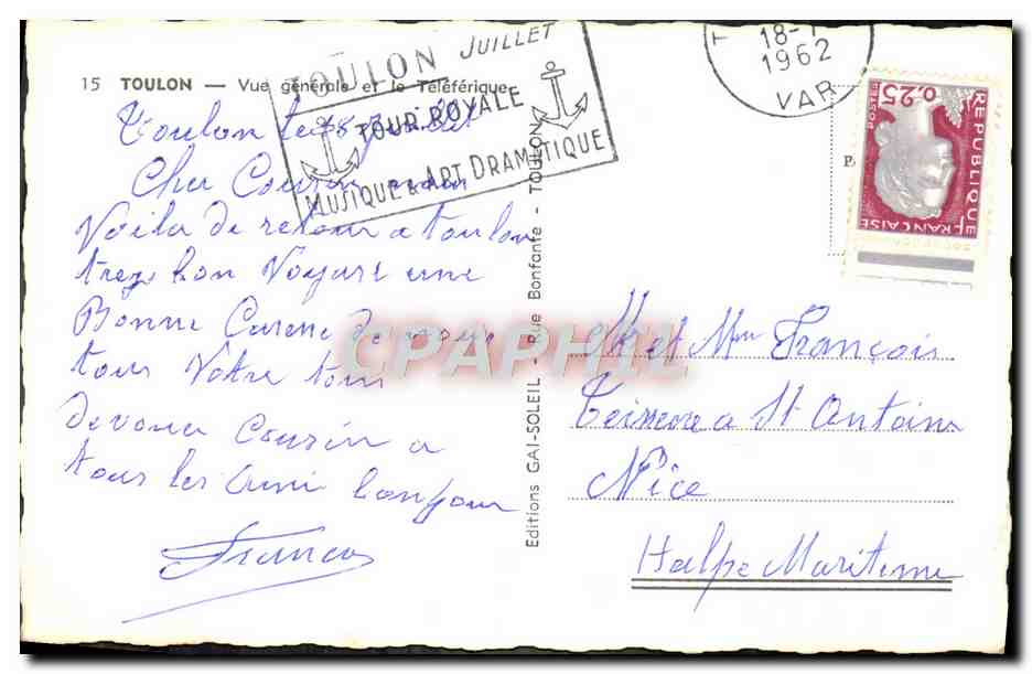 CPM Toulon Vue Generale et le Teleferique — Rückseite