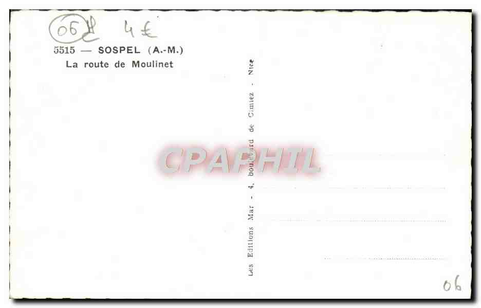 CPM Sospel La Route de Moulinet Automobile — Rückseite