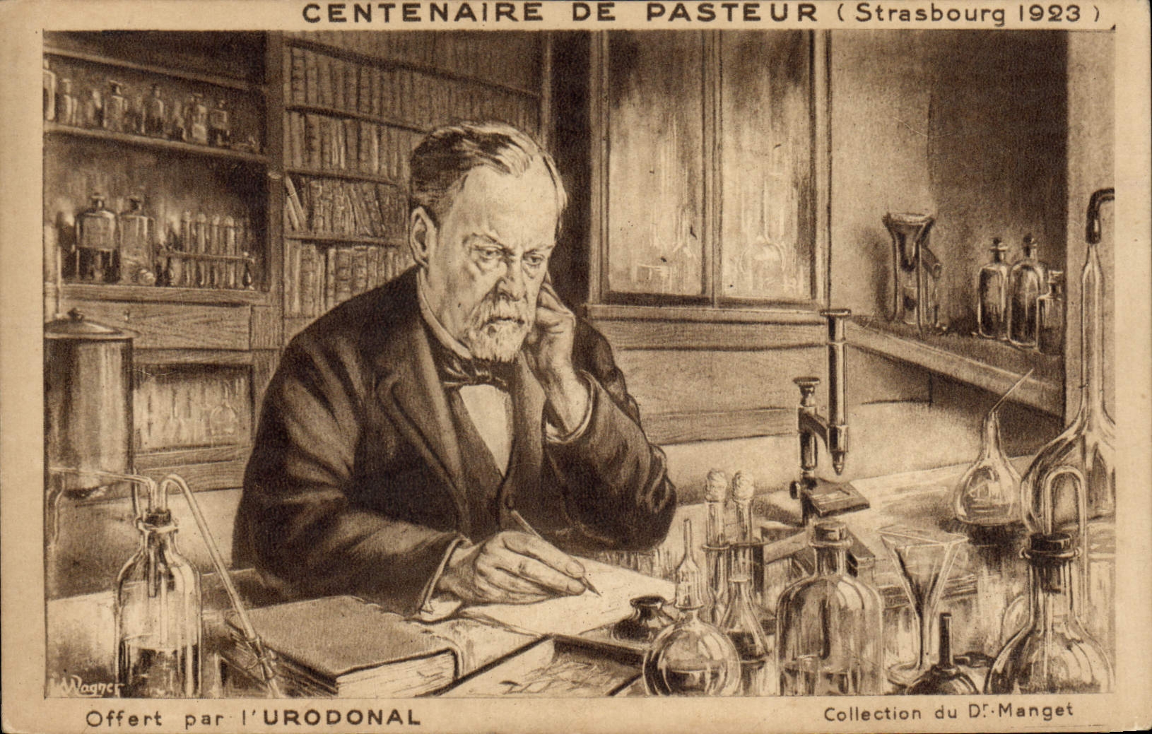 Pasteur dans son laboratoire — Centenaire de Pasteur (Strasbourg 1923) — Wagget, Collection du Dr. Manget