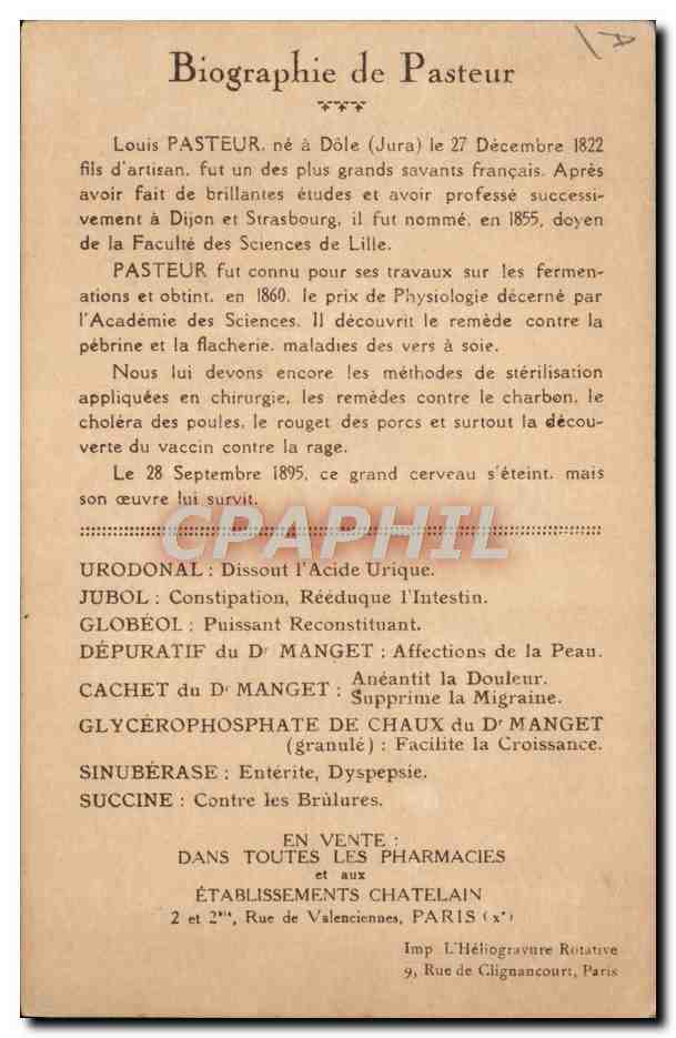 Pasteur dans son laboratoire — Centenaire de Pasteur (Strasbourg 1923) — Wagget, Collection du Dr. Manget — Back