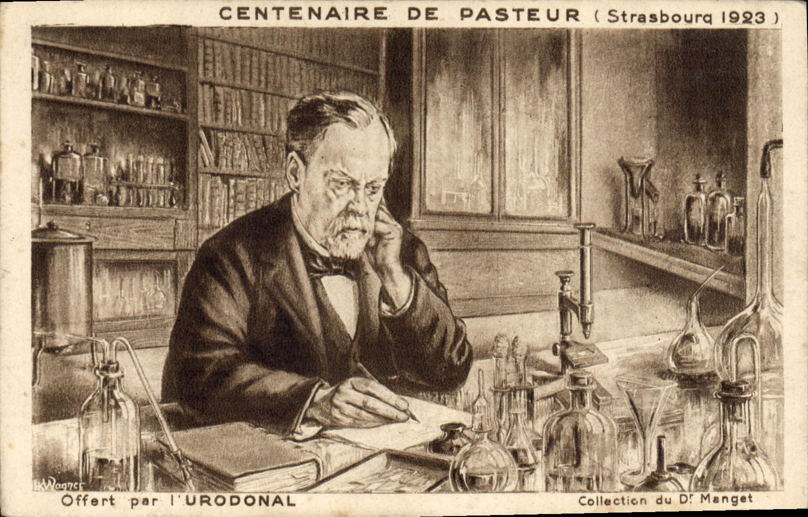 Pasteur dans son laboratoire — Centenaire de Pasteur (Strasbourg 1923) — Offerte par l'Urodonal