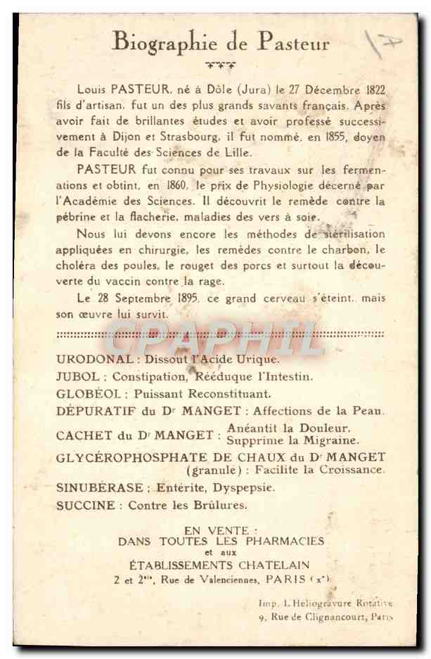 Pasteur dans son laboratoire — Centenaire de Pasteur (Strasbourg 1923) — Offerte par l'Urodonal — Reverso