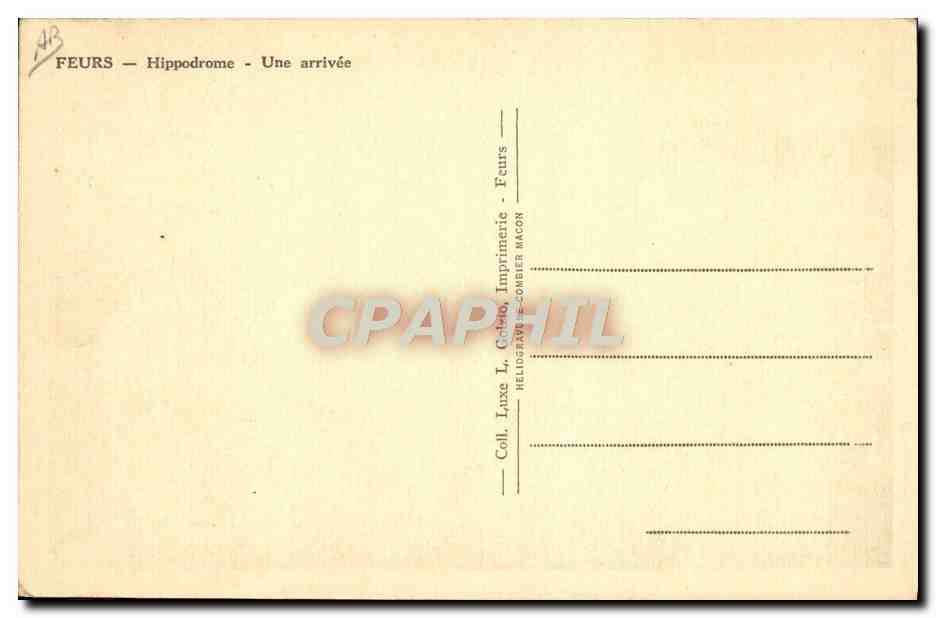 CPA Cheval Equitation Hippisme Feurs Hippodrome Une arrivee — Verso