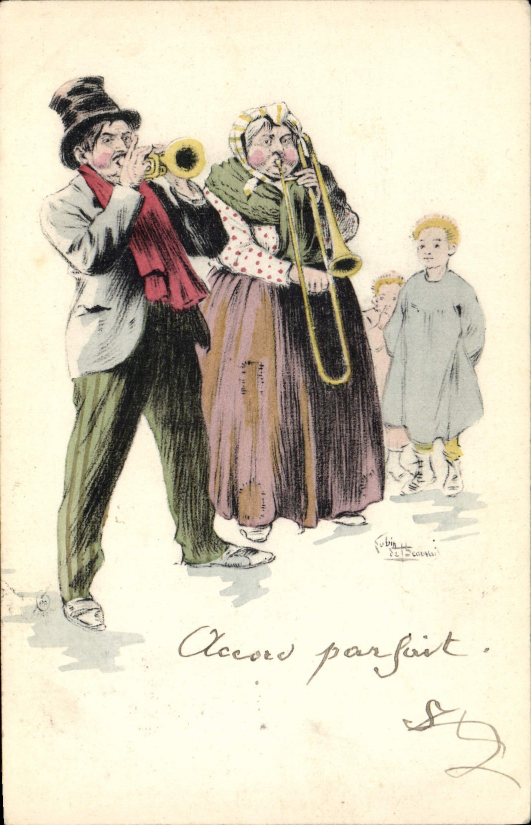 CPA Fantaisie Illustrateur Couple Cuivres Trompette Trombone a coulisse