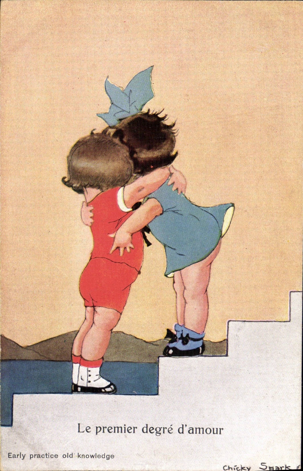 CPA Fantaisie Illustrateur Enfants Le premier degre d'amour Chicky Spark