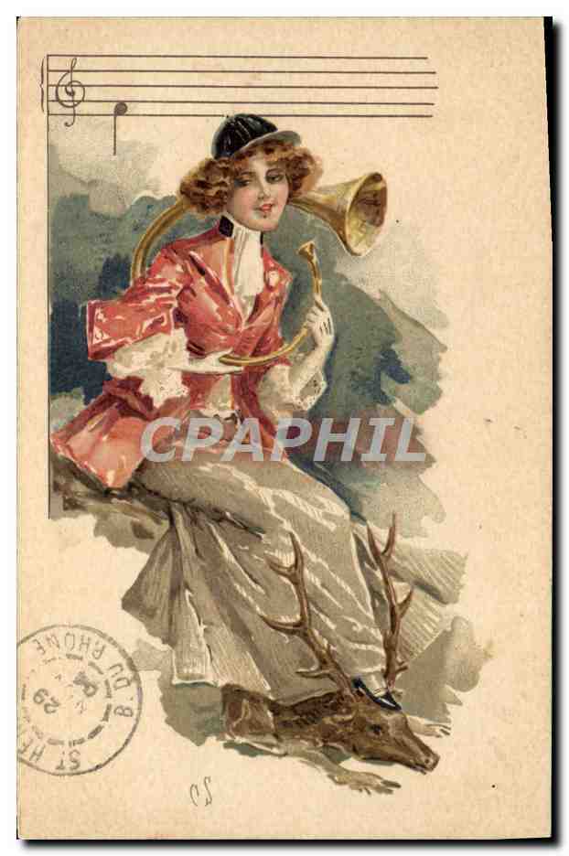 CPA Fantaisie Illustrateur Femme Cor de chasse Cerf