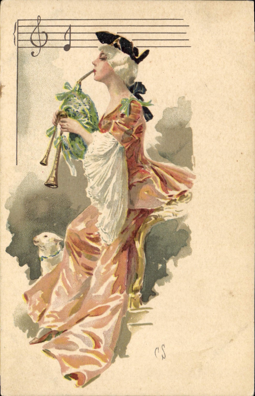 CPA Fantaisie Illustrateur Cornemuse Femme Agneau 