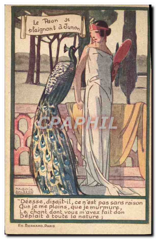 CPA Fantaisie Illustrateur Femme Le paon se plaignant a Junon Maggie Salzeido Alcool de menthe de Ricqles