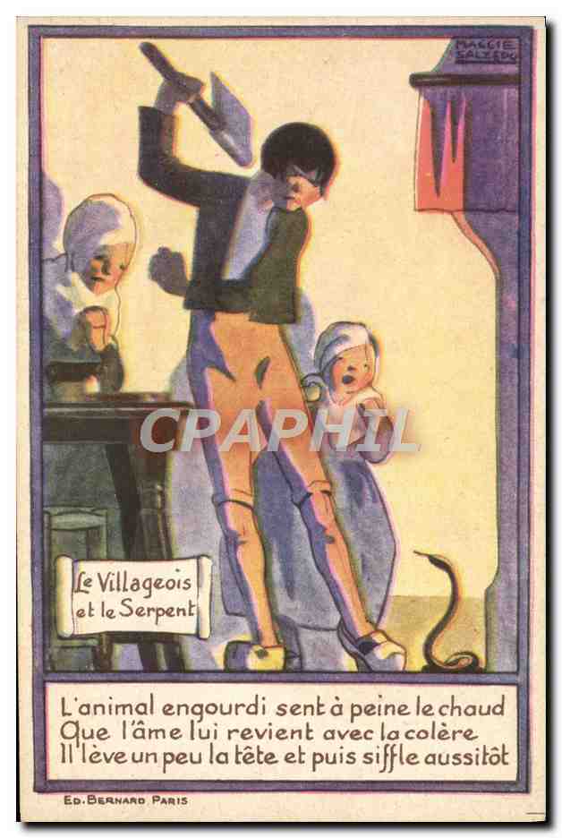 CPA Fantaisie Illustrateur le villageois et le serpent Alcool de Menthe de Ricqles